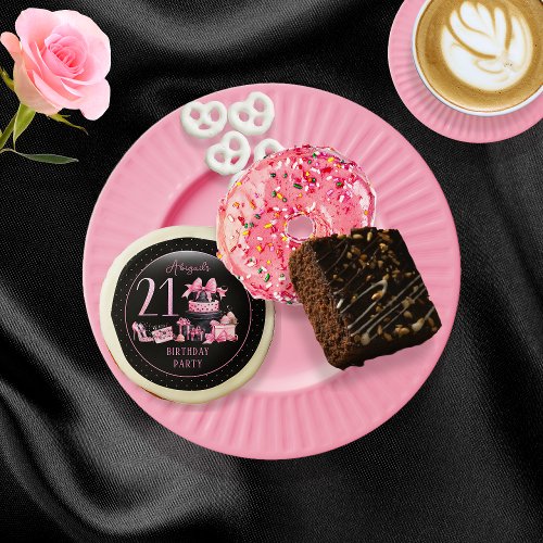 Glam Pink Black Fashion 21st Birthday Party Sugar Cookie