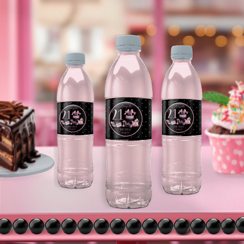 Glam Pink Black Fashion 21st Birthday Party Water Bottle Label