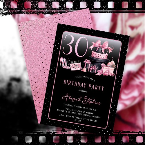 Glam Pink Black Fashion 30th Birthday Party Invitation