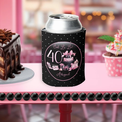 Glam Pink Black Fashion 40th Birthday Party Can Cooler