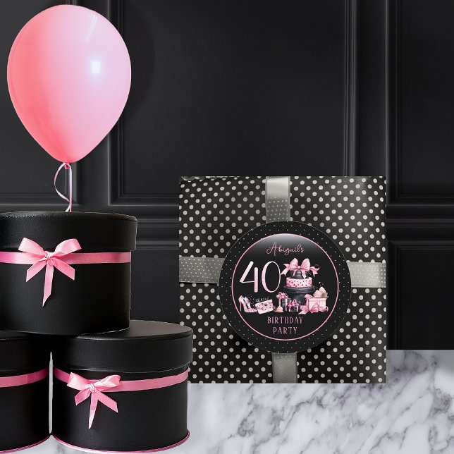 Glam Pink Black Fashion 40th Birthday Party Classic Round Sticker (Glam Pink and Black French Couture Fashion 40th Birthday Party Favor Stickers)
