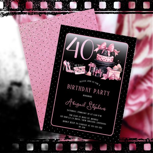 Glam Pink Black Fashion 40th Birthday Party Invitation