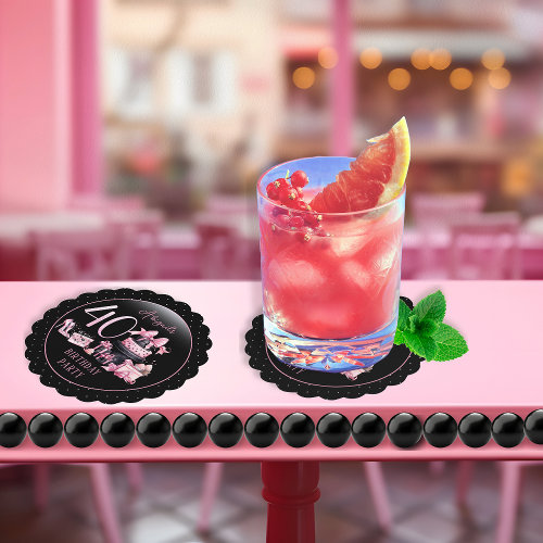 Glam Pink Black Fashion 40th Birthday Party Paper Coaster