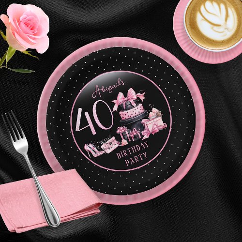 Glam Pink Black Fashion 40th Birthday Party Paper Plates