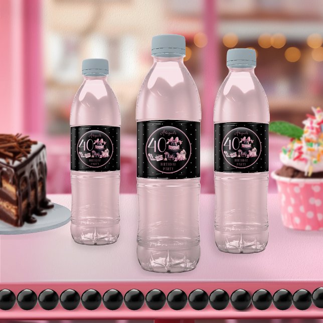Glam Pink Black Fashion 40th Birthday Party Water Bottle Label (Glam Pink and Black French Couture Fashion 40th Birthday Party Water Bottle Labels)