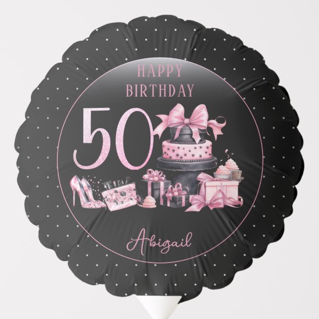 Glam Pink Black Fashion 50th Birthday Party Balloon (Front)