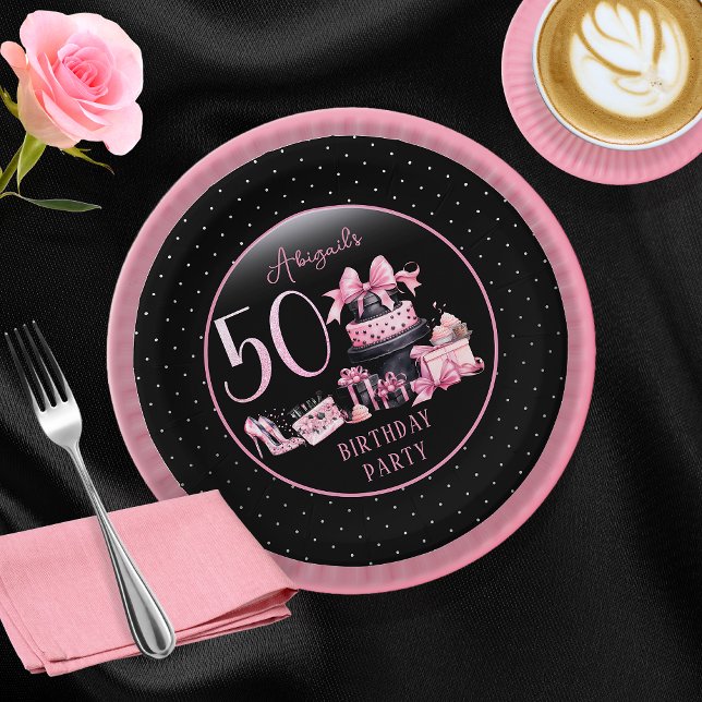 Glam Pink Black Fashion 50th Birthday Party Paper Plates (Glam Pink and Black French Couture Fashion 50th Birthday Party Paper Plates)