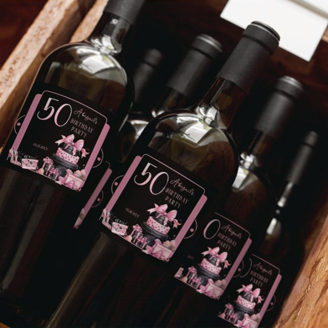 Glam Pink Black Fashion 50th Birthday Party Sparkling Wine Label (Glam Pink and Black French Couture Fashion 50th Birthday Party Bottle Labels)