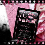 Glam Pink Black Fashion 70th Birthday Party Invitation<br><div class="desc">Glamorous French couture-inspired, pink and black "70" 70th birthday design featuring a hat box cake, pink stilettos and a makeup bag among various unopened birthday presents and luscious cupcakes. Perfect for celebrating birthday occasions. Age is created in an uneditable faux pink glitter font. Please message designer if you need this...</div>