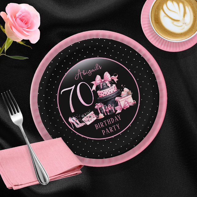 Glam Pink Black Fashion 70th Birthday Party Paper Plates (Glam Pink and Black French Couture Fashion 70th Birthday Party Paper Plates)