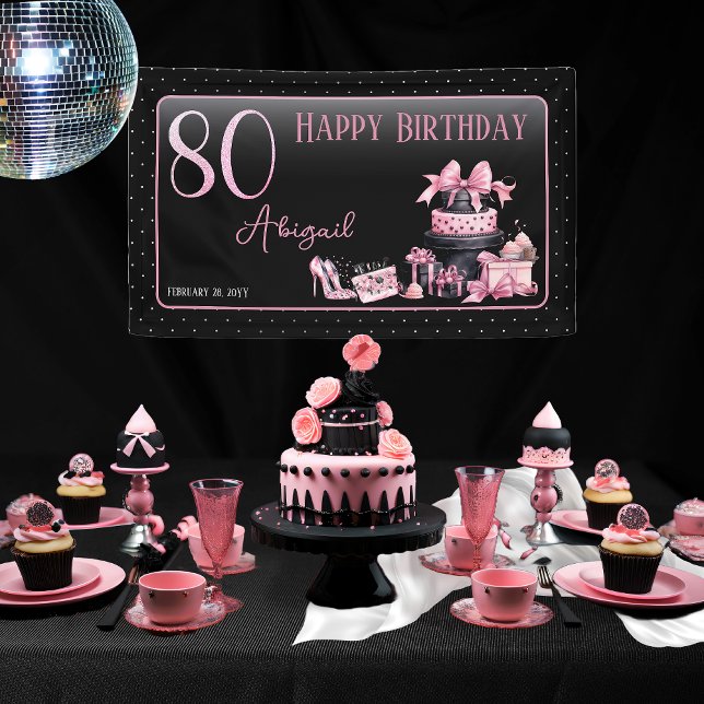Glam Pink Black Fashion 80th Birthday Party Banner (Glam Pink and Black French Couture Fashion 80 Birthday Party Banner)