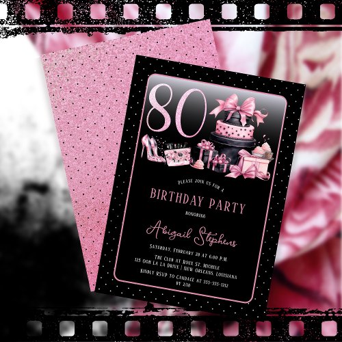 Glam Pink Black Fashion 80th Birthday Party Invitation