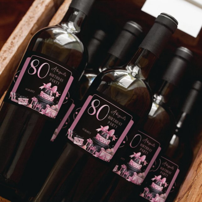 Glam Pink Black Fashion 80th Birthday Party Sparkling Wine Label (Glam Pink and Black French Couture Fashion 80th Birthday Party Bottle Labels)