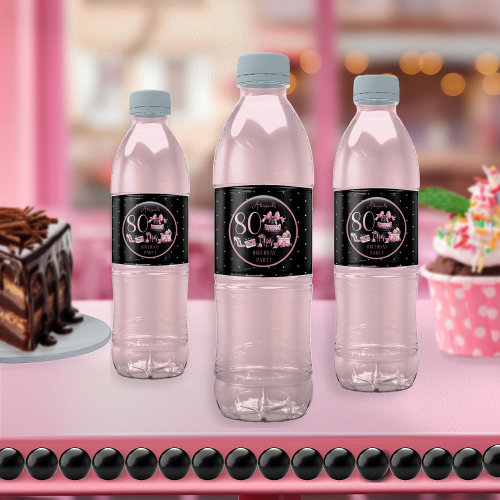 Glam Pink Black Fashion 80th Birthday Party Water Bottle Label