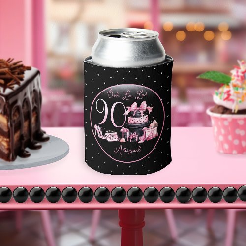 Glam Pink Black Fashion 90th Birthday Party Can Cooler