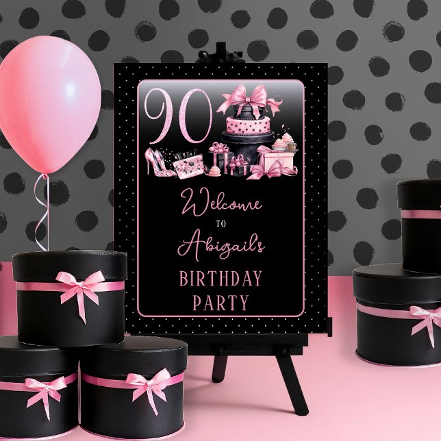 Glam Pink Black Fashion 90th Birthday Party Foam Board (Glam Pink and Black French Couture Fashion 90th Birthday Party Foam Core Sign)