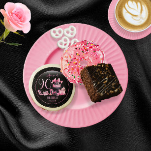 Glam Pink Black Fashion 90th Birthday Party Sugar Cookie