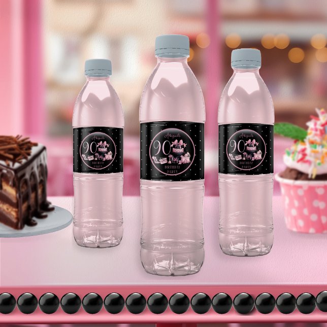 Glam Pink Black Fashion 90th Birthday Party Water Bottle Label (Glam Pink and Black French Couture Fashion 90th Birthday Party Water Bottle Labels)