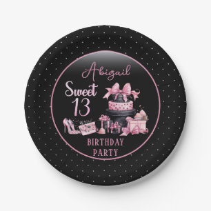 Glam Pink Black Fashion Sweet 13 Birthday Party Paper Plates
