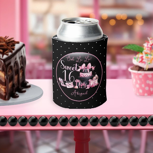 Glam Pink Black Fashion Sweet 16 Birthday Party Can Cooler (Glam Pink and Black French Couture Fashion Sweet 16 Birthday Party Can Cooler)