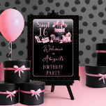 Glam Pink Black Fashion Sweet 16 Birthday Party Foam Board<br><div class="desc">Glamorous French couture-inspired,  pink and black "Sweet 16" 16th birthday design featuring a hat box cake,  pink stilettos and a makeup bag among various unopened birthday presents and luscious cupcakes.  Perfect for celebrating birthday occasions.  Age is created in an uneditable faux pink glitter font.</div>