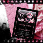 Glam Pink Black Fashion Sweet 16 Birthday Party Invitation<br><div class="desc">Glamorous French couture-inspired,  pink and black "Sweet 16" 16th birthday design featuring a hat box cake,  pink stilettos and a makeup bag among various unopened birthday presents and luscious cupcakes.  Perfect for celebrating birthday occasions.  Age is created in an uneditable faux pink glitter font.</div>