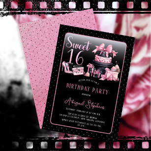 Glam Pink Black Fashion Sweet 16 Birthday Party Invitation
