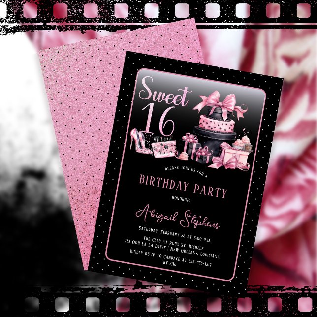 Glam Pink Black Fashion Sweet 16 Birthday Party Invitation (Glam Pink and Black French Couture Fashion Sweet 16 Birthday Party Invitation)