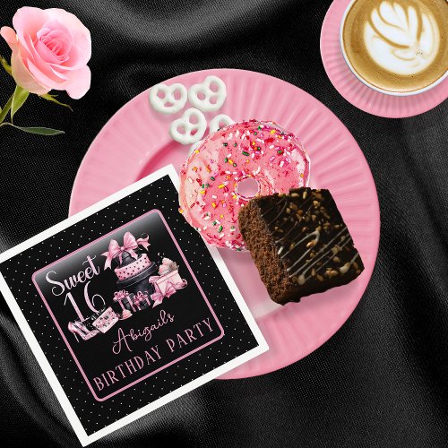 Glam Pink Black Fashion Sweet 16 Birthday Party Napkins