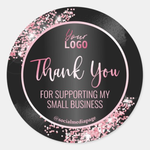 Glam Pink Black Glitter Thank You Logo Classic Round Sticker