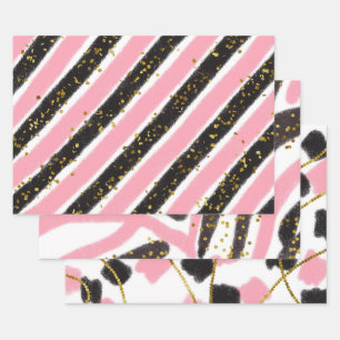 Glam Pink Black Gold Glitter Sparkle Pattern Wrapping Paper Sheets