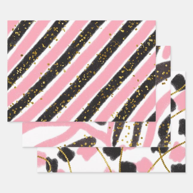 Glam Pink Black Gold Glitter Sparkle Pattern Wrapping Paper Sheets (Set)