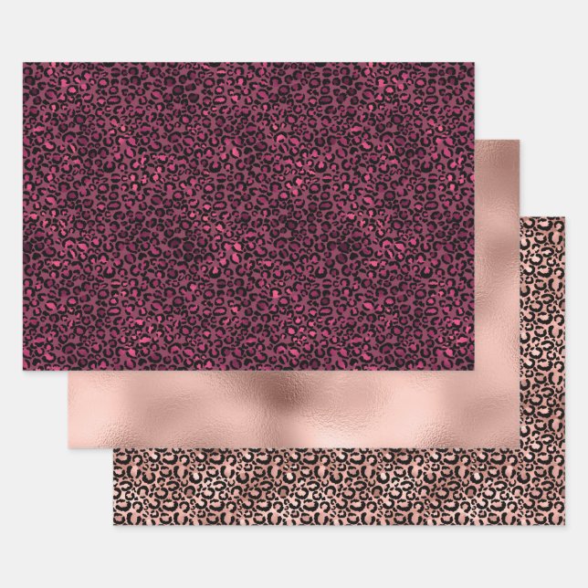 Glam Pink Black Leopard Print Wrapping Paper Sheets (Set)