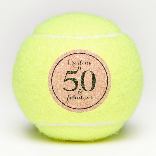 Glam Pink & Black Personalized 50 & Fabulous Tennis Balls (Front)