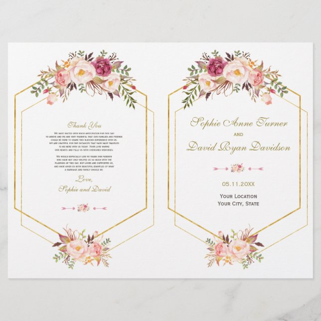 Glam Pink Blush Floral Gold Frame Wedding Program Flyer (Front)