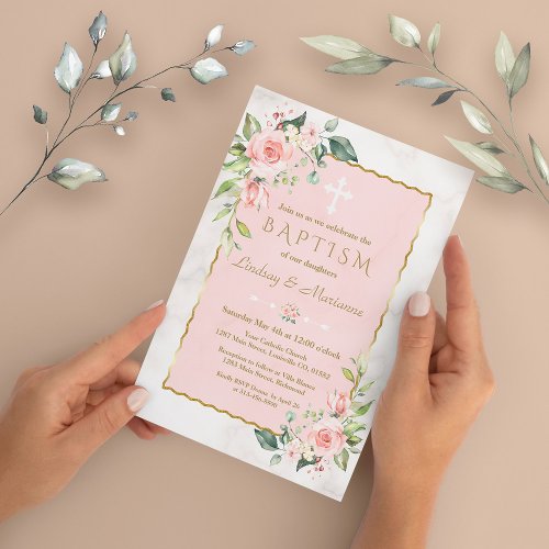 Glam Pink Blush Flowers Gold Marble Twins Baptism Invitation