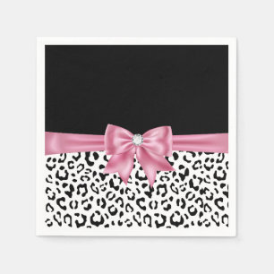 Glam Pink Bow Diamond Black Snow Leopard Napkins
