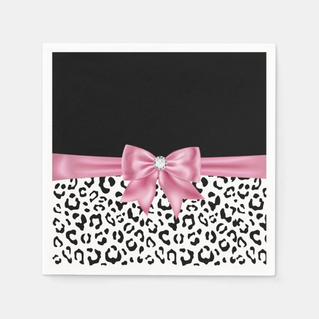 Glam Pink Bow Diamond Black Snow Leopard Napkins (Front)