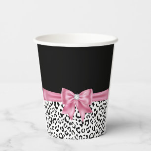 Glam Pink Bow Diamond Black Snow Leopard Paper Cups