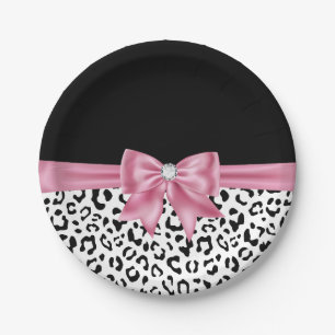 Glam Pink Bow Diamond Black Snow Leopard Paper Plates