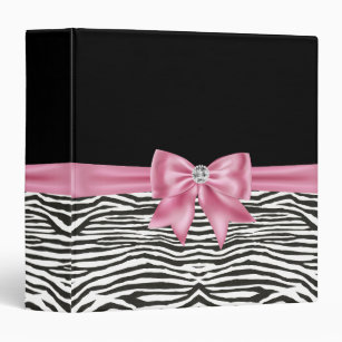Glam Pink Bow Diamond Zebra Print Black  3 Ring Binder
