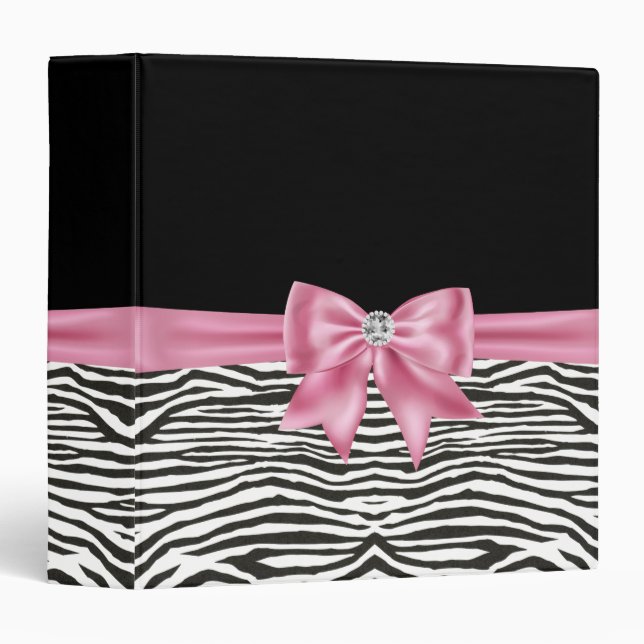 Glam Pink Bow Diamond Zebra Print Black  3 Ring Binder (Front/Spine)