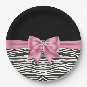 Glam Pink Bow Diamond Zebra Print Black Paper Plates
