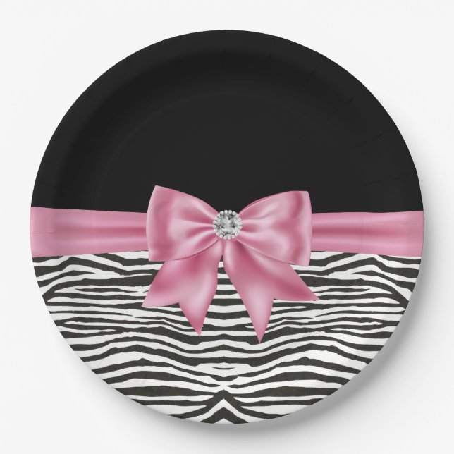 Glam Pink Bow Diamond Zebra Print Black  Paper Plates (Front)