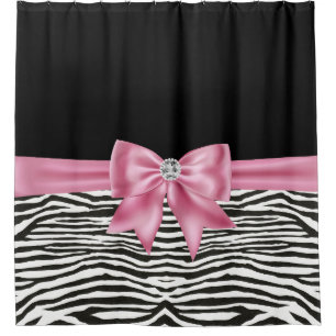 Glam Pink Bow Diamond Zebra Print Black  Shower Curtain