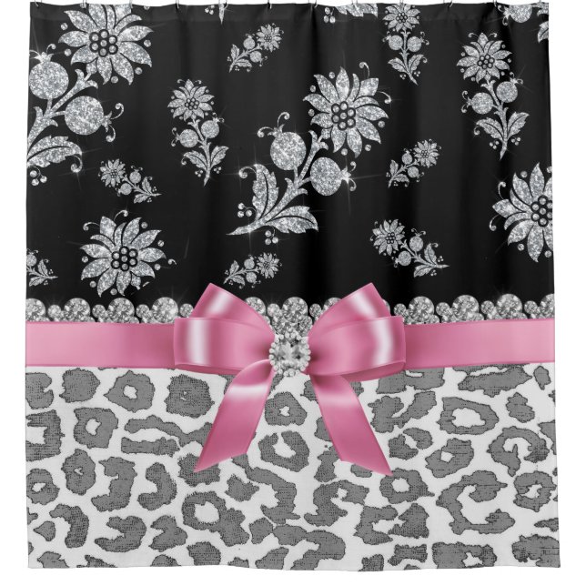 Glam Pink Bow-Grey Leopard-Silver Floral Sparkles Shower Curtain (Front)