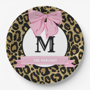 Glam Pink Bow Leopard Print Family Name Monogram Paper Plates
