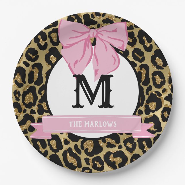 Glam Pink Bow Leopard Print Family Name Monogram Paper Plates (Front)