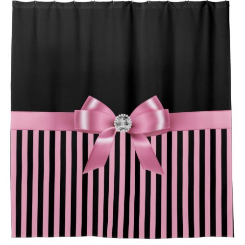 Glam Pink Bow_Pink Black Pinstripes_Black Shower Curtain