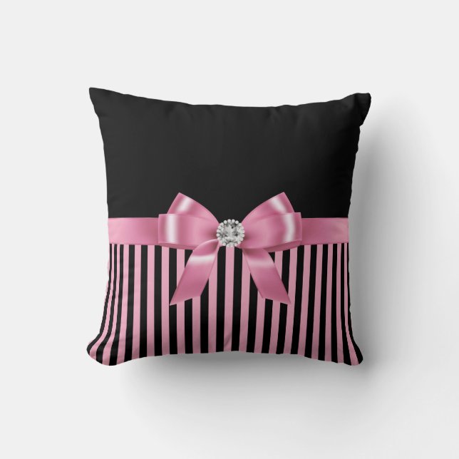 Glam Pink Bow-Pink Black Pinstripes-Black Throw Pillow (Front)